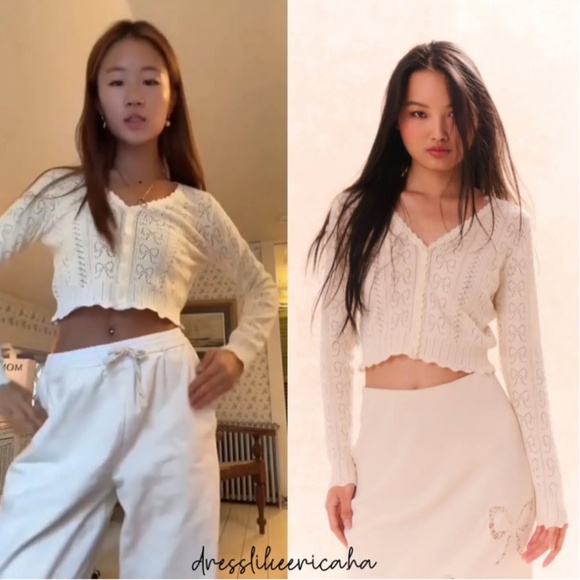 BEST NWT LoveShackFancy Petra Bow Pointelle Cropped Cardigan Ivory White Knit - Picture 1 of 10